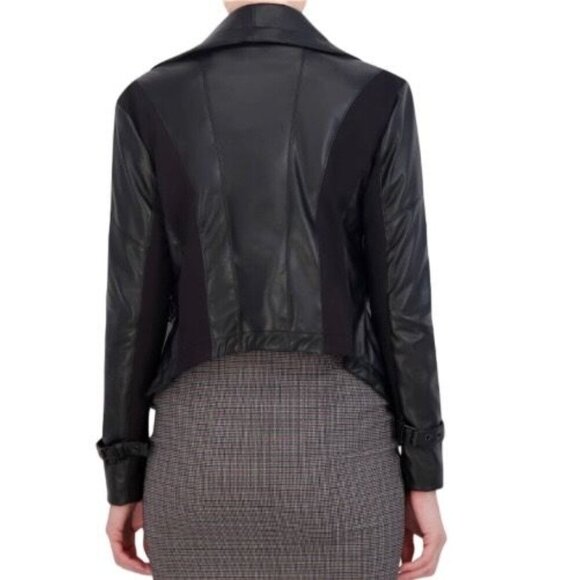 Ookie & Lala Womens Drape Moto Faux Leather Ponte Jacket Black Size S - Picture 4 of 6